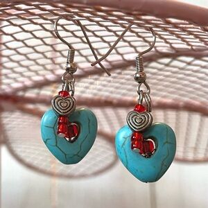Heart Earrings Turquoise with Red Accents Pierced Handmade OOAK
French Hook NWOT